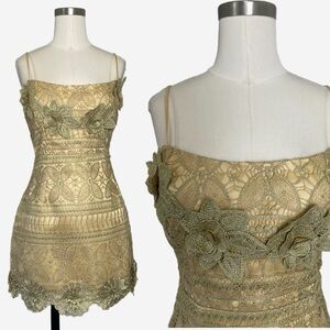 Showpo Jagger Mini Lace Scoop Neck Fitted Dress Gold 3D floral glitter fairy 4